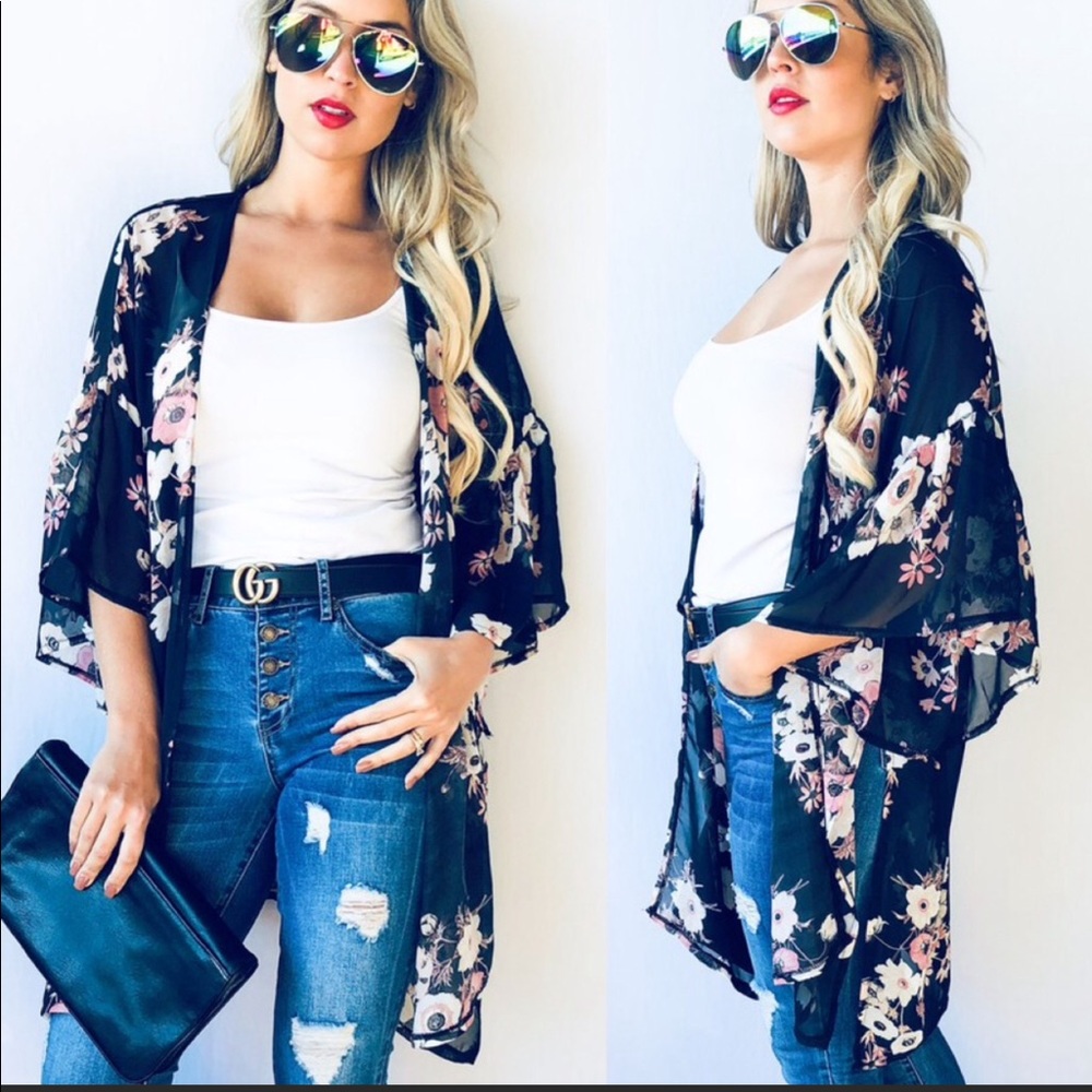 Floral Navy Chiffon Kimono - Picture 4 of 4